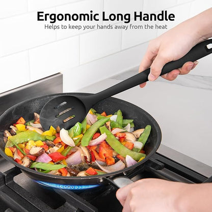 600ºF Heat Resistant Slotted Spoon: U-Taste 13.3in Solid Kitchen Cooking Spoon, Nonstick Food Grade Large & Long Rubber Utensil for Mixing, Serving, Stirring, Basting, Frying, Draining (Black)