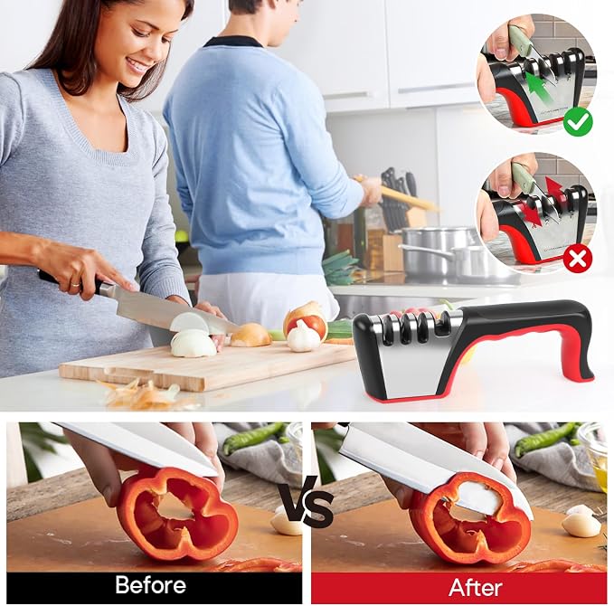 4-in-1 Knife Sharpener, Sturdy Manual Knife Sharpeners for Kitchen Knives, Professional Ergonomic Knife Sharpening Kit with 4 Stage Sharpening Slots, Portable Knife Sharpener for Knives, Scissors