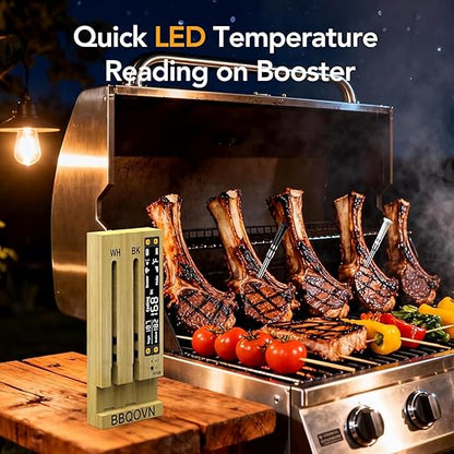 BBQOVN WiFi Sub-1G Wireless Meat Thermometer Unlimited Range 7 NIST Certified Sensors with Ambient Temp 2 Temp Monitoring Ways Digital Smart Base and App for BBQ, Smoker, Grill, Oven (Dual Probes)
