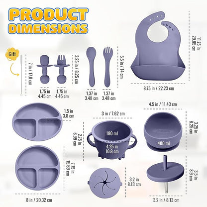 HippoBaby Baby Led Weaning Supplies | 10 Piece Silicone Feeding Set | Baby Toddler Bib Cup Divided Plate and Bowl Self Feeding Spoons Dish Set | Baby Utensils | Toddler Feeding Supplies (Lavender)