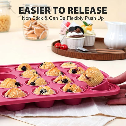 Silicone Muffin Pan for Baking: Non Stick Regular 12 Cup and Mini 24 Cup Muffin Pan Set with Metal Frame - BPA Free 2Pcs Silicone Small Cupcake Tin Tray Egg Bites Mold - for Oven Home Bakers