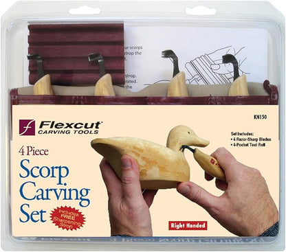 Flexcut Wood Carving Tools | Right-Handed Scorp Set of 4 | Razor-Sharp 1095 High Carbon Steel Blades | 4-Pocket Tool Roll Included | KN150 | Made in the U.S.A.
