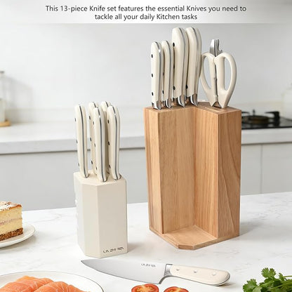 Kitchen Knife Set, 13 Pieces German Stainless Steel Knife Block Set for Chopping, Professional Chef Knife, Lightweight, Black Anti-slip Handle, Dishwasher Safe（white）