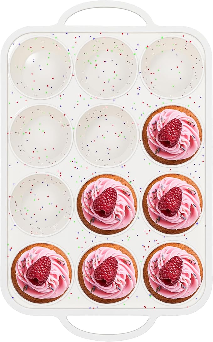 Silicone Muffin Pan with Metal Frame, Nonstick 12 Cup Regular Size Cupcake Pan, Silicone Muffin Tray for Baking Egg Bites Muffins Cupcakes Gifts for Mom Home Baker Kitchen (1 Pc, Cream)