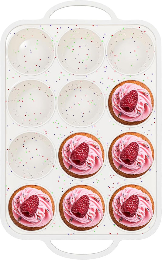 Silicone Muffin Pan with Metal Frame, Nonstick 12 Cup Regular Size Cupcake Pan, Silicone Muffin Tray for Baking Egg Bites Muffins Cupcakes Gifts for Mom Home Baker Kitchen (1 Pc, Cream)