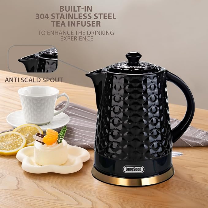 Ceramic Electric Kettle, 1.5L/1200W Boil Water Quickly and Easily with Boil-Dry Protection Auto Shut Off, Detachable Swivel Base, Black Relief Carving