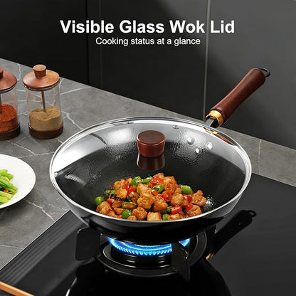 Carbon Steel Wok Pan, 11.8-Inch Nonstick Pre-Seasoned Woks & Stir-Fry Pans with Glass Lid, No Chemical Coated Wok Round Bottom Hand Hammered Chinese Wok for Induction, Gas, Electric & All Stoves
