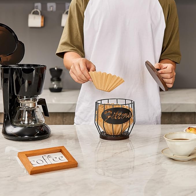 Yangbaga Coffee Filter Holder with Wood Lid,Wood and Metal Coffee Filter Storage Container Basket for Coffee Filters 2-4 Cup,Round Coffee Filter Holder Case for Counter,Coffee Bar Accessories decor