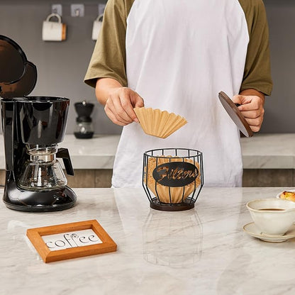 Yangbaga Coffee Filter Holder with Wood Lid,Wood and Metal Coffee Filter Storage Container Basket for Coffee Filters 2-4 Cup,Round Coffee Filter Holder Case for Counter,Coffee Bar Accessories decor