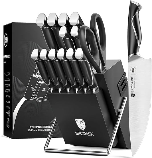 BRODARK Kitchen Knife Set with Block and Sharpener, 15 Pcs Sharp Knives Set for Kitchen, Christmas, Stainless Steel Full Tang Knife Block Set, Ergonomic Handle Professional Chef Kitchen Knives Sets