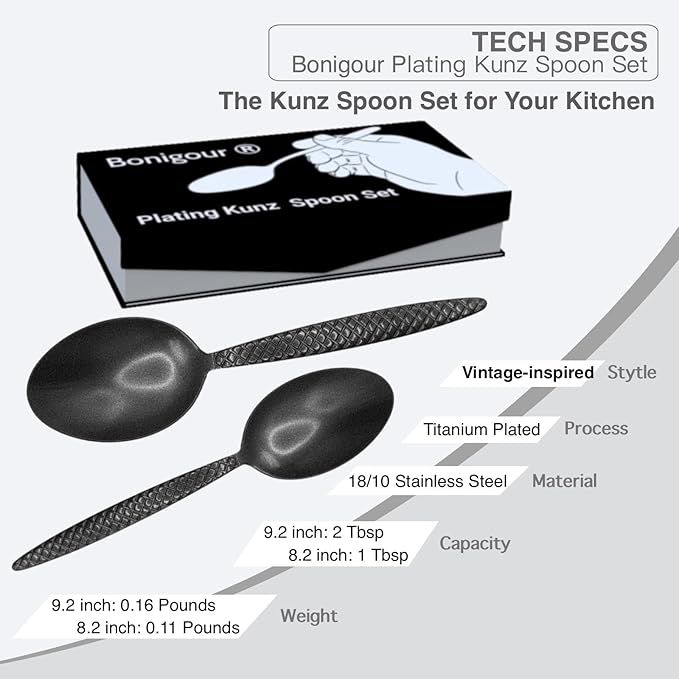 Kunz Spoons - 2 Pack Professional Chef Spoon Set for Basting, Plating, Quenelle, Serving, Sauces| Vintage-inspired 8" & 9" Spoon Set| Culinary Plating Tools with Non-Slip Grip (Matte Black)