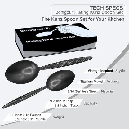 Kunz Spoons - 2 Pack Professional Chef Spoon Set for Basting, Plating, Quenelle, Serving, Sauces| Vintage-inspired 8" & 9" Spoon Set| Culinary Plating Tools with Non-Slip Grip (Matte Black)