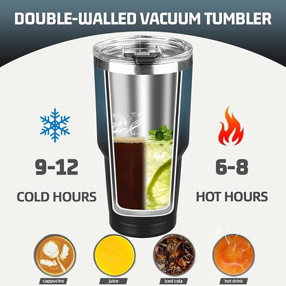 30 oz Tumbler with Lids and Straws, Stainless Steel Insulated Coffee Tumbler, Double Wall Vacuum Insulated Travel Mug Cup, Leakproof Thermal Coffee Cup for Hot and Cold Drinks (Blue Black)