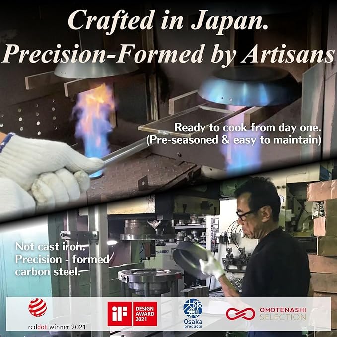 Crafted in Japan. Trusted by Chefs. Japanese Carbon Steel Frying Pan – Precision-Formed, Pre-Seasoned & Lightweight, Chef-Designed for High-Heat Control (11.0 inches)