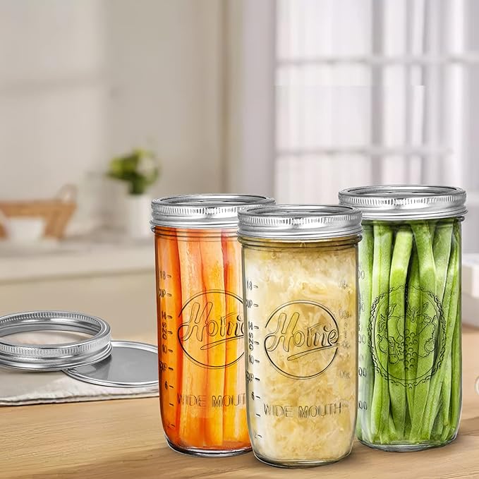 Tebery 6 Pack Wide Mouth Home Glass Mason Jars with Airtight Lids and Bands, 24-Ounce Canning Glass Jars for Canning, Fermenting, Pickling, Meal Prep, Overnight Oats, Jam, Jelly