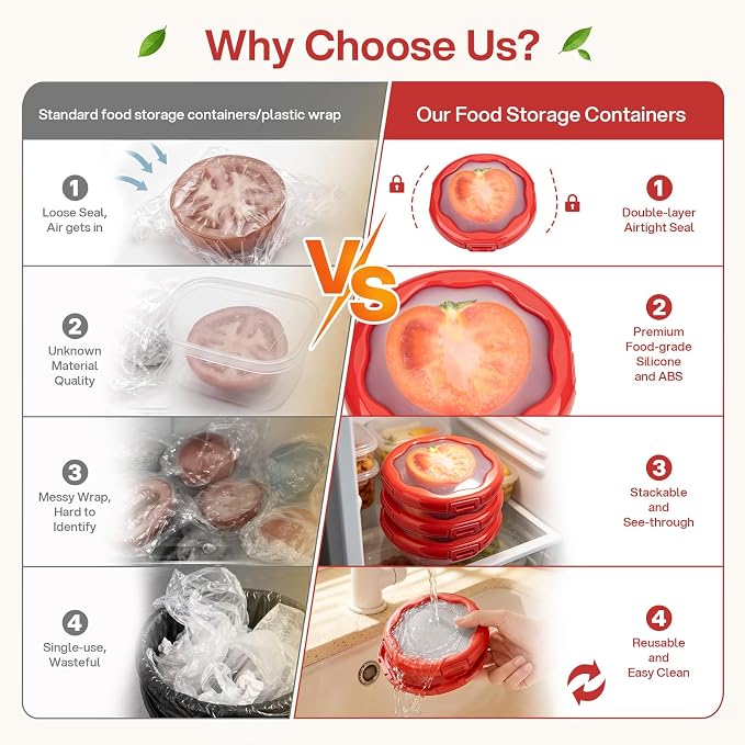 CLEANGOR Tomato Saver with Snap-On Lid, Silicone Food Saver, Tomato Storage Containers Reusable, Vegetable and Fruit Storage Containers, Reusable Kitchen Gadget, Dishwasher Safe (1, Red)