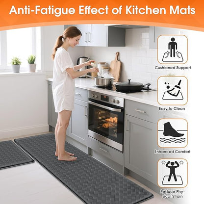 TranquilRelax Kitchen Mats, 2PCS Kitchen Rugs, Cushioned Anti Fatigue Kitchen Mats for Floor, Non-Slip Standing Desk Mat, Waterproof Kitchen Rug Set for Kitchen Floor Office,17.3"×30"+17.3"×59" Grey