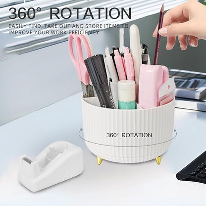 Ovatt White Desk Organizer Set - 15-Piece Office Supplies with 360° Rotating Pen Holder, Stapler, Tape Dispenser & Clips for Home Office