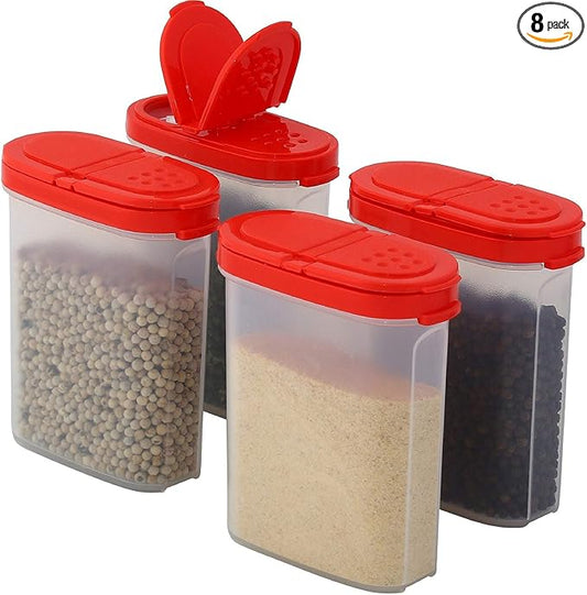SIGNORA WARE Spice Jars with Lids -8 and 4 oz Refillable Empty Airtight Spice/Seasoning Containers Set -2 way Pour/Sift Shaker Lids Clear Plastic Spice/Seasoning Organizer Kitchen/Travel 8 pk.Red
