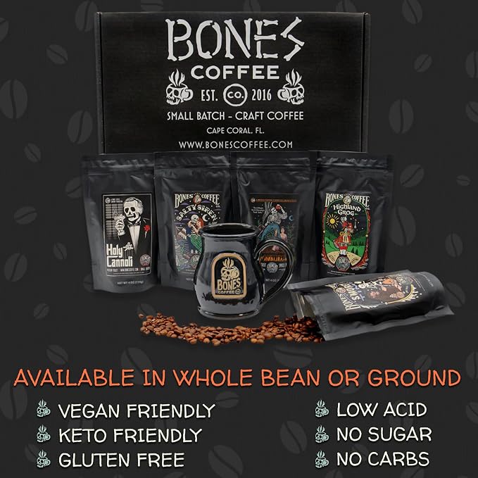Bones Coffee Company Favorite Flavors Sample Pack Box Set with Specialty Coffee Mug, 5 Assorted Single-Origin Low Acid Medium Roast Arabica Beans Flavored Coffee Gifts, 4 oz Pack of 5 Whole Bean