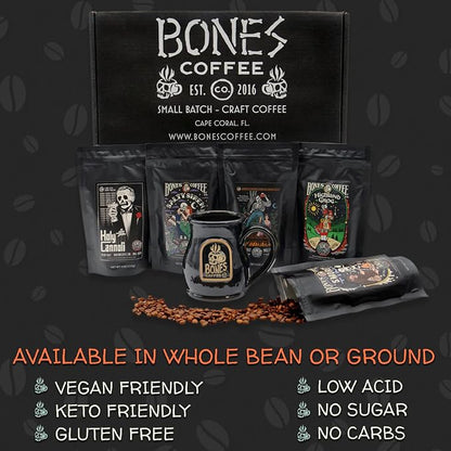 Bones Coffee Company Favorite Flavors Sample Pack Box Set with Specialty Coffee Mug, 5 Assorted Single-Origin Low Acid Medium Roast Arabica Beans Flavored Coffee Gifts, 4 oz Pack of 5 Whole Bean