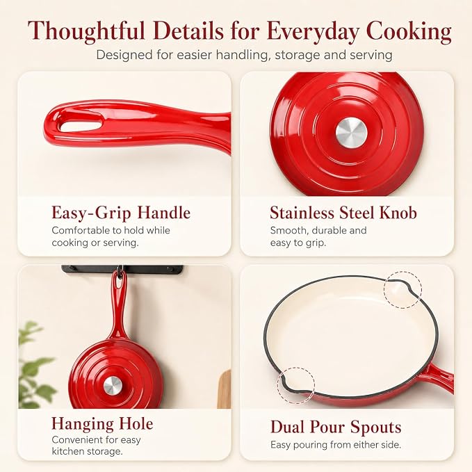 Hisencn Enameled Cast Iron Cookware Set - 7 Piece Dutch Ovens Set, Sauce Pan, Skillet, 3 Lids, Pots and Pans Set, Ceramic Coated Cast Iron, Heavy Duty, Gas/Induction Compatible, PFA Free, Rouge Red