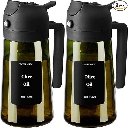 SWEET VIEW 2PCS Olive Oil Dispenser and Oil Sprayer – 16oz/470ml Glass Light-Proof Oil Pourer for Kitchen Air Fryer, Cooking, Salad, and BBQ, with Stickers