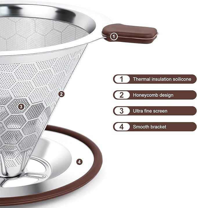 Pour over Coffee Dripper, Stainless Steel Paperless Reusable Coffee Filter, Metal 600 Mesh Strainer Coffee Maker (1-2 Cups)