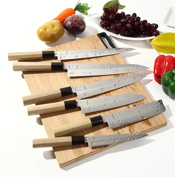 Japanese Multi Purpose Chef Knife Hammered Damascus VG-10 46 Layer Octagonal Magnolia Wood Handle, Santoku 7-inch (180mm)