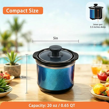 Mini Slow Cooker, 0.65 Qt Capacity small slow cooker, Ceramic Pot, Nutrient Loss Reduction, For Sauces, Stews & Dips, Round (Sapphire glitter)
