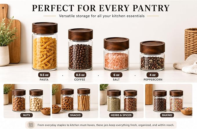 Wide Mouth Glass Storage Jars With 2.5" Acacia Wood Lids - 4 Pack of 4 Oz Food Storage Containers - Borosilicate Glass Canisters Sets For Kitchen - Pantry Organizers and Storage for Rice Coffee Beans