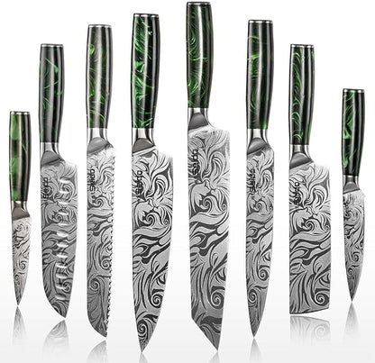 Seido Knives Tengoku Green 8-Piece Chef Knife Set – High-Carbon Stainless Steel Japanese Kitchen Knives, Professional Balanced Knife Set