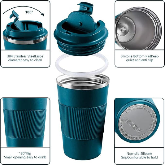 YINBAOGE Insulated Travel Coffee Mug, Spill & Leak Proof, Portable To Go Camping Stainless Steel Coffee Tumbler, Reusable Thermal Coffee Cup with Lid for Hot & Cold Drinks (Blue, 12 OZ)