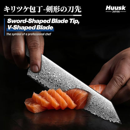 Huusk Damascus Kiritsuke Knife 8 inch - Japanese Knives with Wooden Handle, Hand Forged Chef Knives for Home Use, Razor Sharp Cooking Knife, Birthday Christmas Gifts for Men Women
