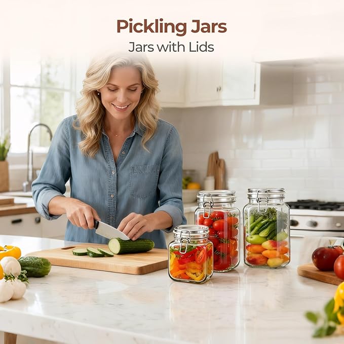 ComSaf Set of 3 Square Glass Jars with Airtight Lids (51 Oz) — Wire Clamp Canisters for Small-Batch Pickling, Kimchi, Bulk Dry Food, Wide Mouth Space Saving Kitchen Pantry Organization Jars