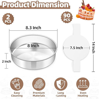 TeamFar 8 Inch Cake Pan Set of 2, Stainless Steel Layer Cake Baking Pans Tins with 90 Pcs Parchment Paper, Round Bakeware for Birthday Wedding, Non-Toxic & Healthy, Mirror Finish & Dishwasher Safe
