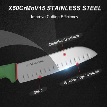 Santoku Knife 7 Inch – High Carbon Stainless Steel with Fluted Edge & Non-Slip Softgrip Handle, Multi-Purpose Kitchen Knife for Vegetable Chopping, Precise Dicing, Meat Slicing (Green)