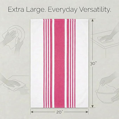 Urban Villa Kitchen Towels 100% Cotton Dish Towels for Kitchen(Set of 6)20”x30” Dish Cloths Highly Absorbent Kitchen Linen Set with Hanging Loop Perfect for Drying Dishes Cleaning Towels-Fuchsia White