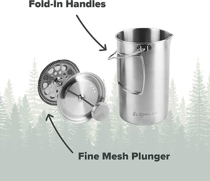 Coghlan's Stainless Steel French Press Coffee Maker – 4-Cup (32 oz), Campfire & Stovetop Safe, Portable & Durable – Fine Mesh Filter, Folding Handle, Dishwasher Safe – For Camping, Travel, or Home
