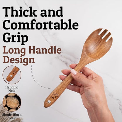 PriorityChef Premium Wooden Salad Servers - Handcrafted Teak Wood Spork - Durable Kitchen Utensil for Serving and Tossing Pasta & Sides - Nonstick Safe Wooden Salad Spoon and Fork Set Combined