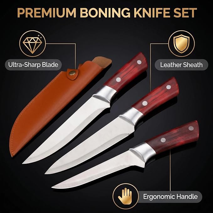 Premium 3PCS Boning Knife Set, Stainless Steel Kitchen Knife Set with Sheath, Ultra-Sharp Chef Knife Set for Meat, Fish, Fruit, Camping & Outdoor Cooking, Comfortable Grip