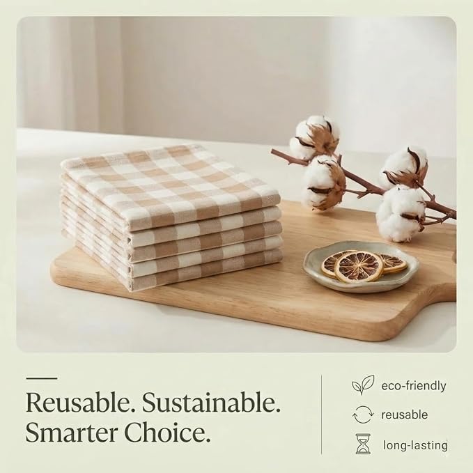 Urban Villa Kitchen Towels Set of 6 Buffalo Checks Taupe/Chocolate/Ivory 20X30 Inches Kitchen Towels 100% Cotton Highly Absorbent Premium Quality Ultra Soft Bar Tea Towels with Mitered Corners