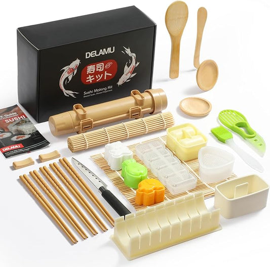 Delamu Sushi Making Kit 27 in 1 [Parent-Child] Sushi Kit, for Beginners/Pros Sushi Makers, with Bamboo Sushi Mats, Sushi Rolling Tube, Onigiri Mold, Rice Paddle, Sushi Knife, Guide Book & More