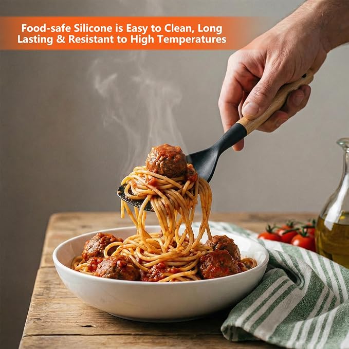 Silicone Spatula Spoon Wood Handle BPA-Free Nonstick Safe - Cooking Spoons, Cooking Spoon, Silicone Cooking Spoons, Spoon Spatula Mixing Scooping Scraping (Black & Grey) 12.6 Inch