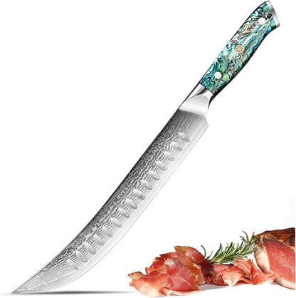XITUO 10" Cimitar Breaking Butcher Knife, Japanese VG10 Damascus Steel Meat Processing Knife, Full Tang Razor Sharp Blade, Ergonomic Abalone Shell Handle Dazzling Series (10 inch Cimitar Ham knife)