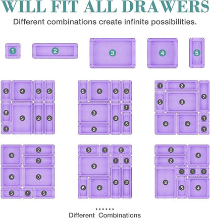 StorMiracle 13 PCS Drawer Organizer Set, 5 Varied Size Bathroom and kitchen Drawer cabinet organizer Trays, Clear Storage Bins for Makeup, Jewelry, Utensils and Gadgets, Purple
