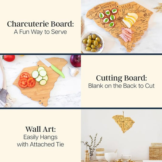 Totally Bamboo Destination South Carolina Shaped Cutting Board – Bamboo Charcuterie and Serving Board with Hang Tie for Wall Display