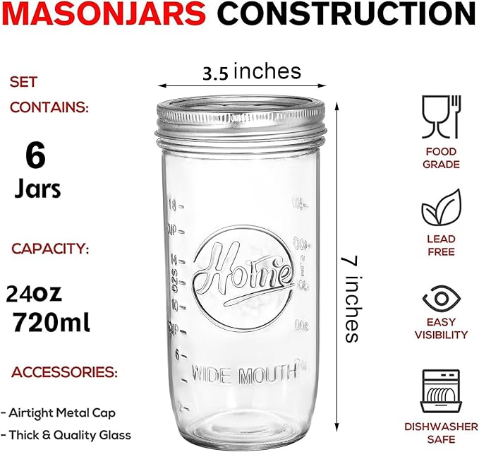 Tebery 6 Pack Wide Mouth Home Glass Mason Jars with Airtight Lids and Bands, 24-Ounce Canning Glass Jars for Canning, Fermenting, Pickling, Meal Prep, Overnight Oats, Jam, Jelly