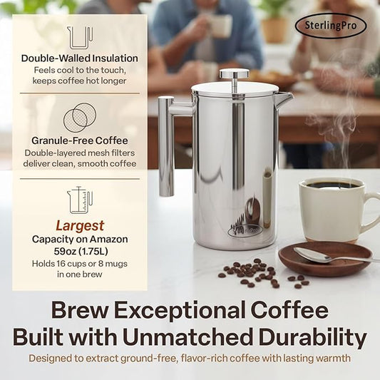 SterlingPro Extra Large Insulated Stainless Steel French Press Coffee Maker 59oz – Insulated Metal XL Double Wall Coffee Maker | Plastic Free | Cool-Touch | Mirror Finish | Makes up to 16 cups /8 mugs
