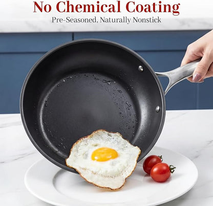 Carbon Steel Frying Pan 9.5" - Pre-Seasoned Carbon Steel Skillet, Lightweight, Natural Non-Stick, Induction Compatible